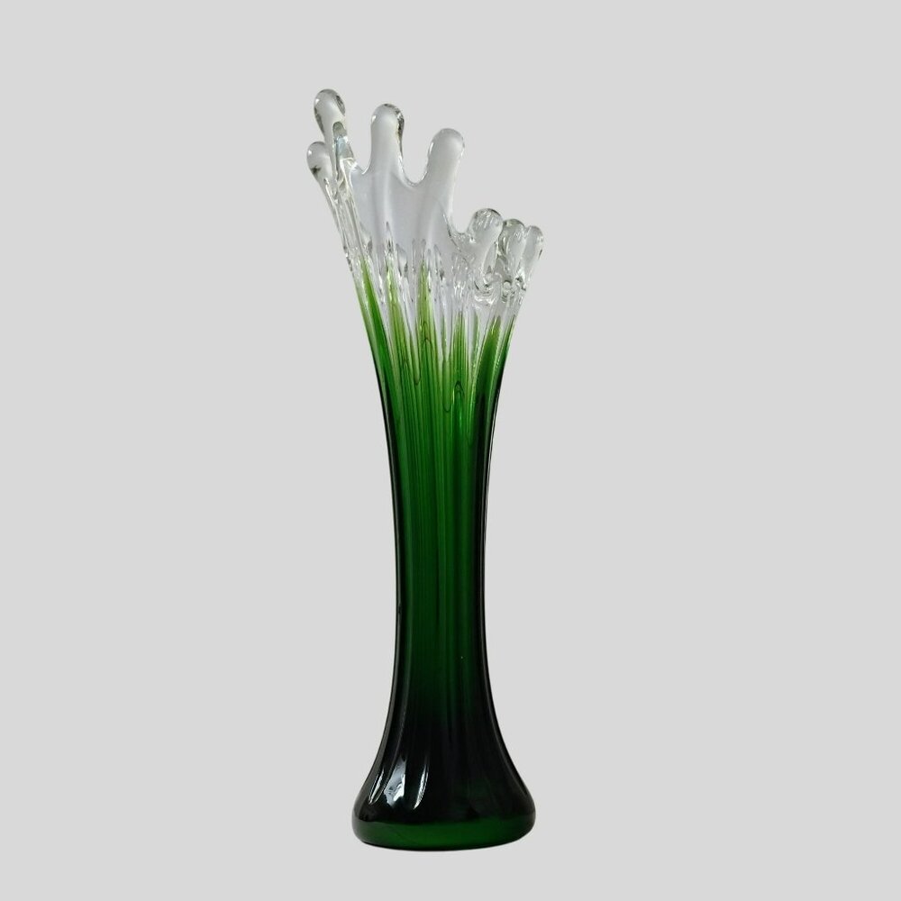 Mid Century Modern Green Art Glass Vase Vintage Stretch Swung Murano Style 17"
